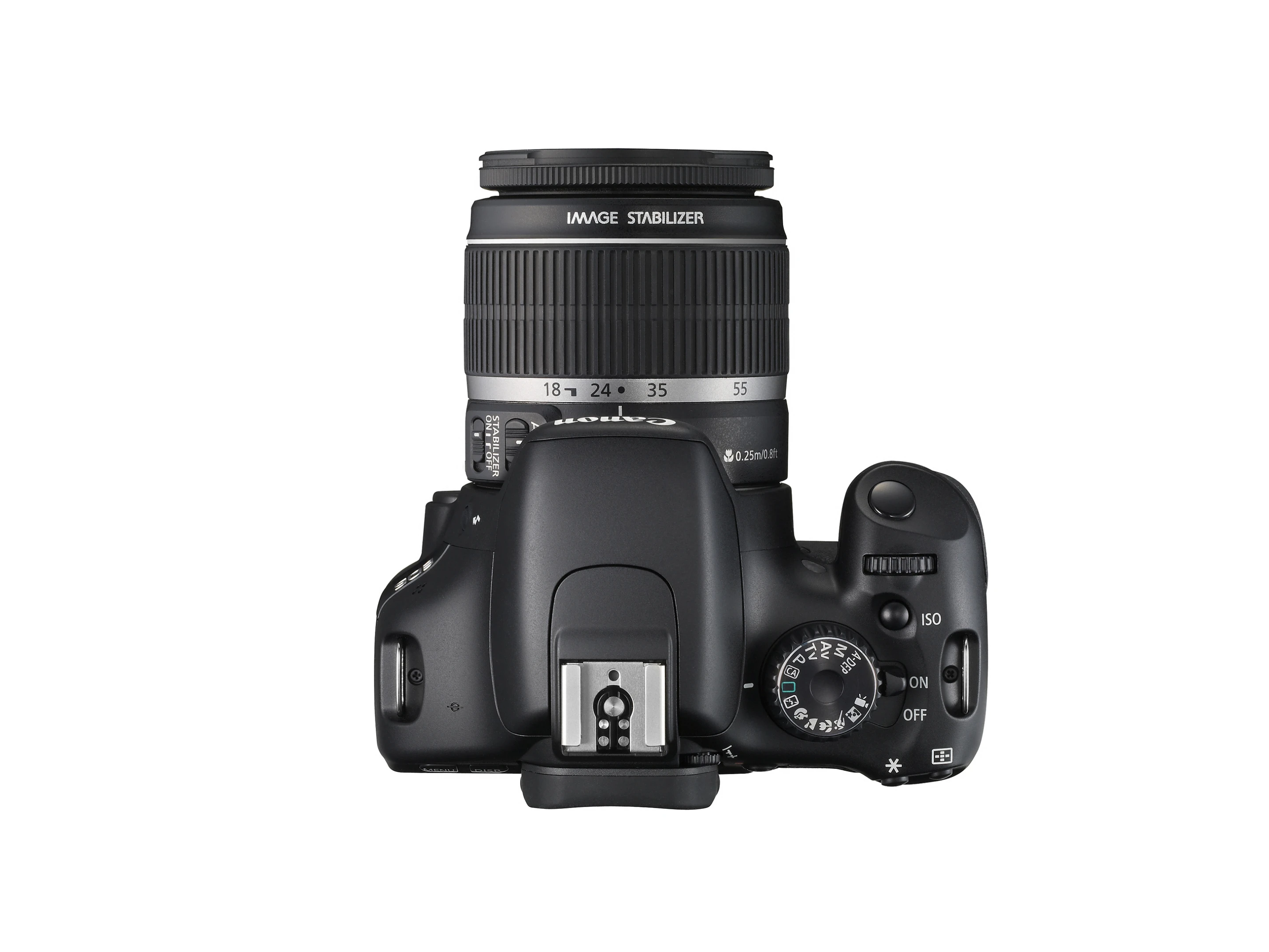 A view from the top showing pop up flash and EF-S 18-55mm f/3.5-5.6 IS zoom lens