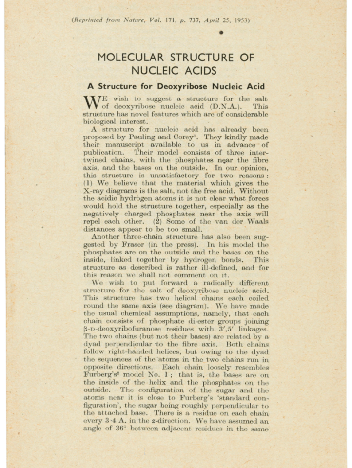 Molecular Structure of Nucleic Acids by James Watson and Francis Crick (April 25, 1953) | Auction Description | Estimate: $7,596 to $10,128 | Auction Date: July 9, 2019