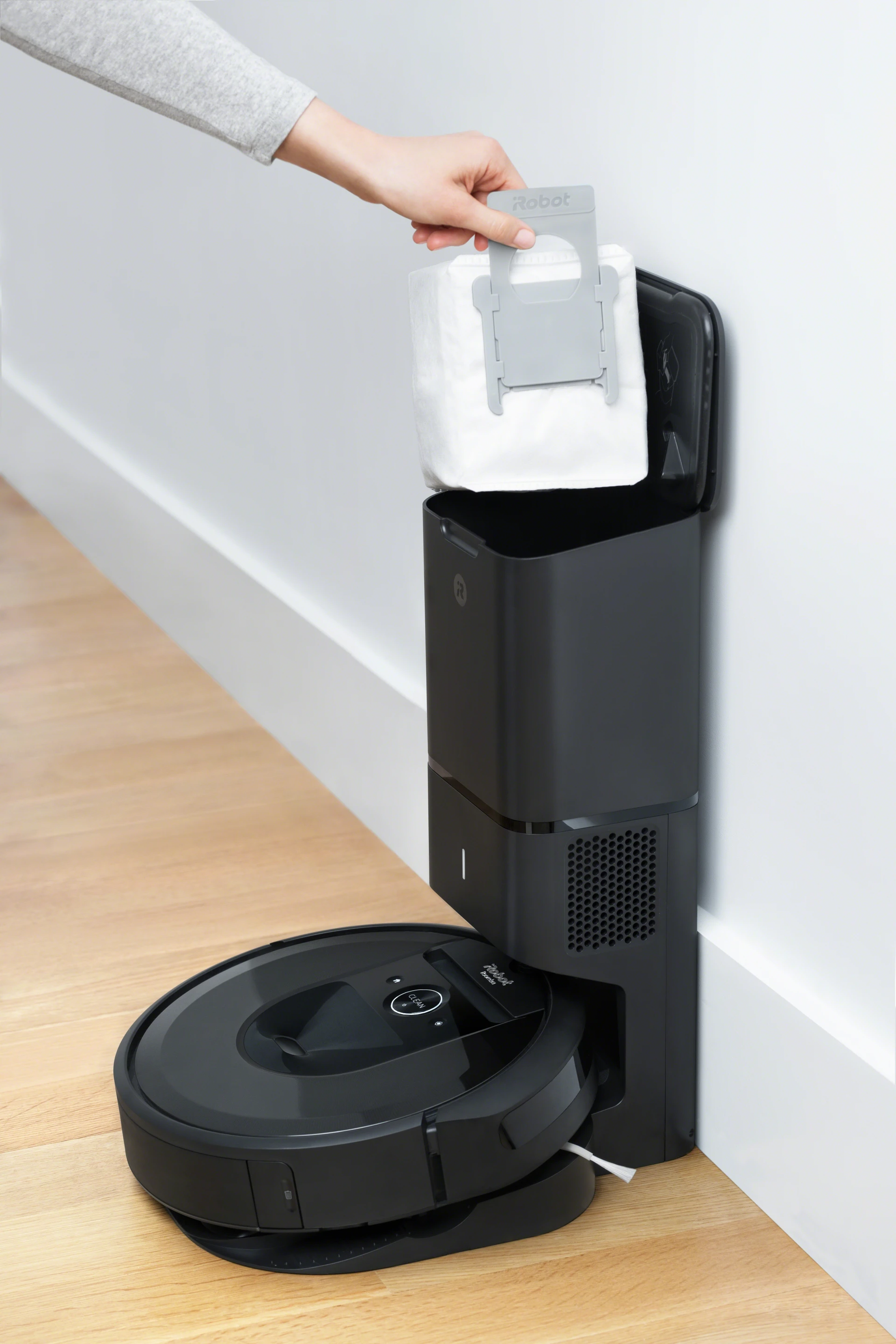 Dust and debris is stored in the Clean Base Automatic Dirt Disposal unit in a sealed bag