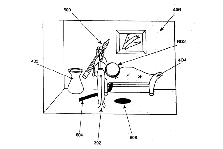 Illustration from the patent application showing how virtual objects could be inserted into a scene