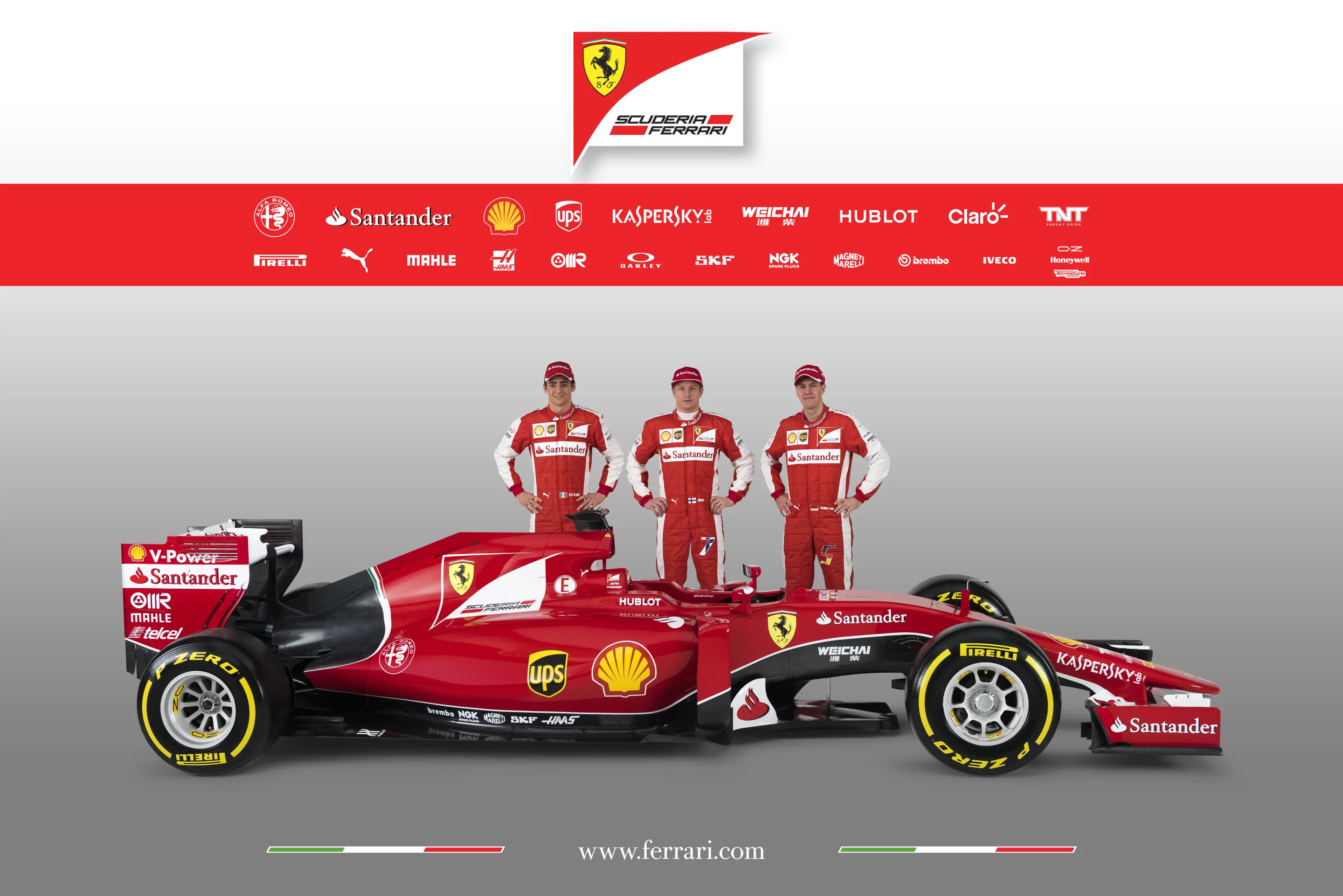 The drivers of the 2015 Ferrari F15-T, Esteban Gutierrez, Kimi Raikkonen and Sebastian Vettel
