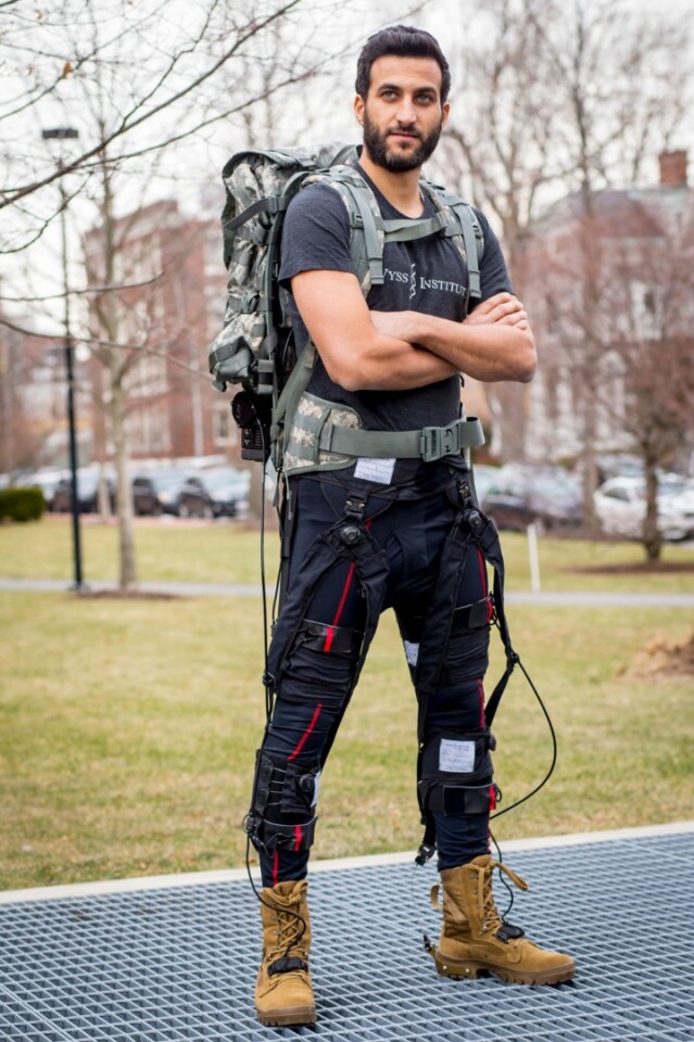 The latest iteration of Wyss’ exosuit sees soft textile components wrap around the waist, thighs and calves that hook up to a mobile actuation system built into a backpack