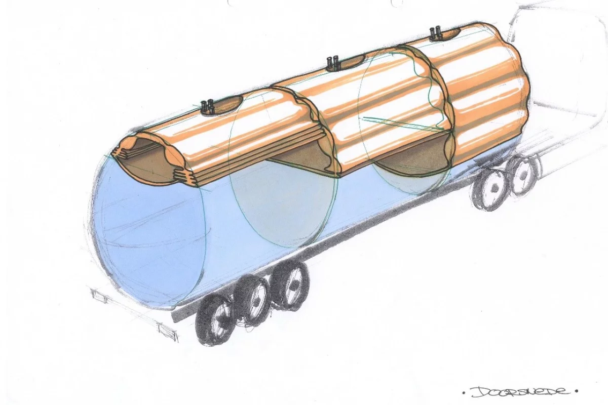 A sketch of the Cairbag system, installed in a baffle-equipped tanker trailer