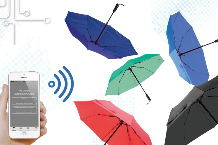 The Haz Umbrella connects to an accompanying iOS or Android app to tap into location-based weather forecasts