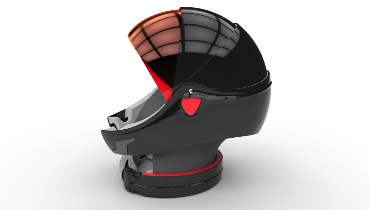 A prototype of the Alpha helmet partially folded forward