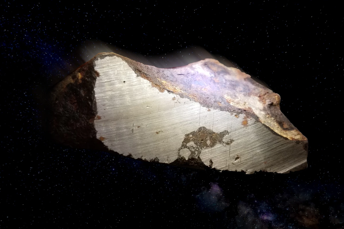 Cross section of a meteorite that came from a parent body that would have contained a liquid metal core and a rocky outer surface