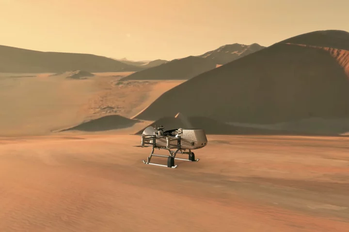 Artist's concept of the Dragonfly drone on Titan
