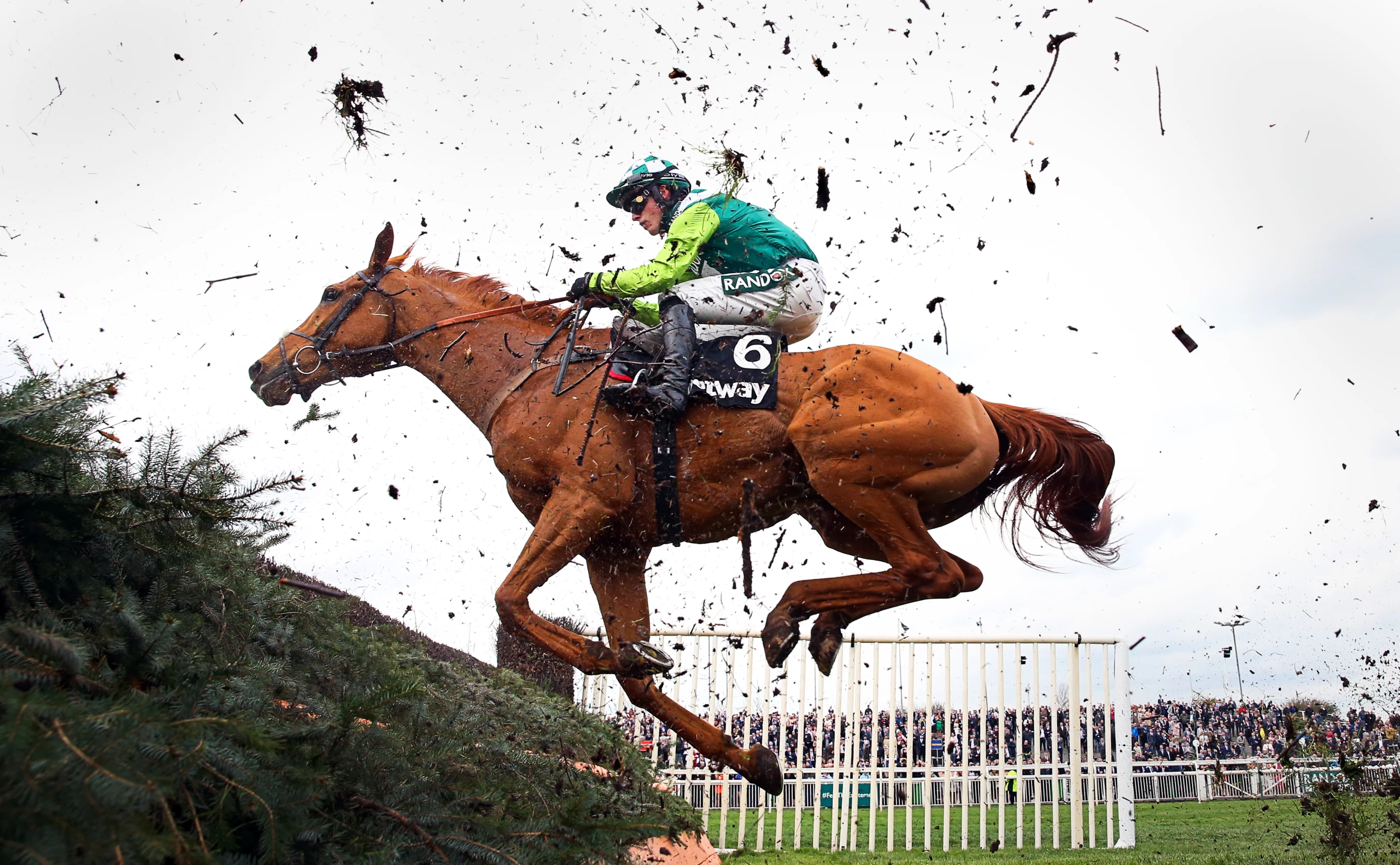 Silver, Power. Nico de Boinville riding Top of the game clears the last fence in the Betway Mildmay Novices' Chase during Ladies Day at Aintree Racecourse on April 05, 2019 in Liverpool, England