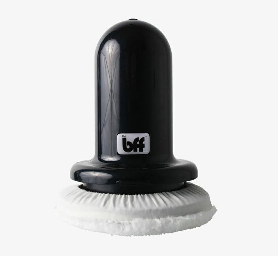 The BFF's fluffy white muff is useful for dry massage directly on the skin or through workout clothes