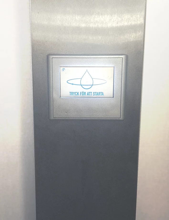 Instead of a set of knobs like in most showers, the current model of the OrbSys Shower has a touchscreen embedded in the wall