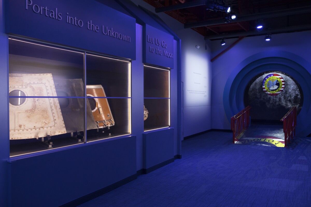 The three-part hatch that was in place on the Apollo 1 spacecraft is shown in a tribute to the crew of Apollo 1