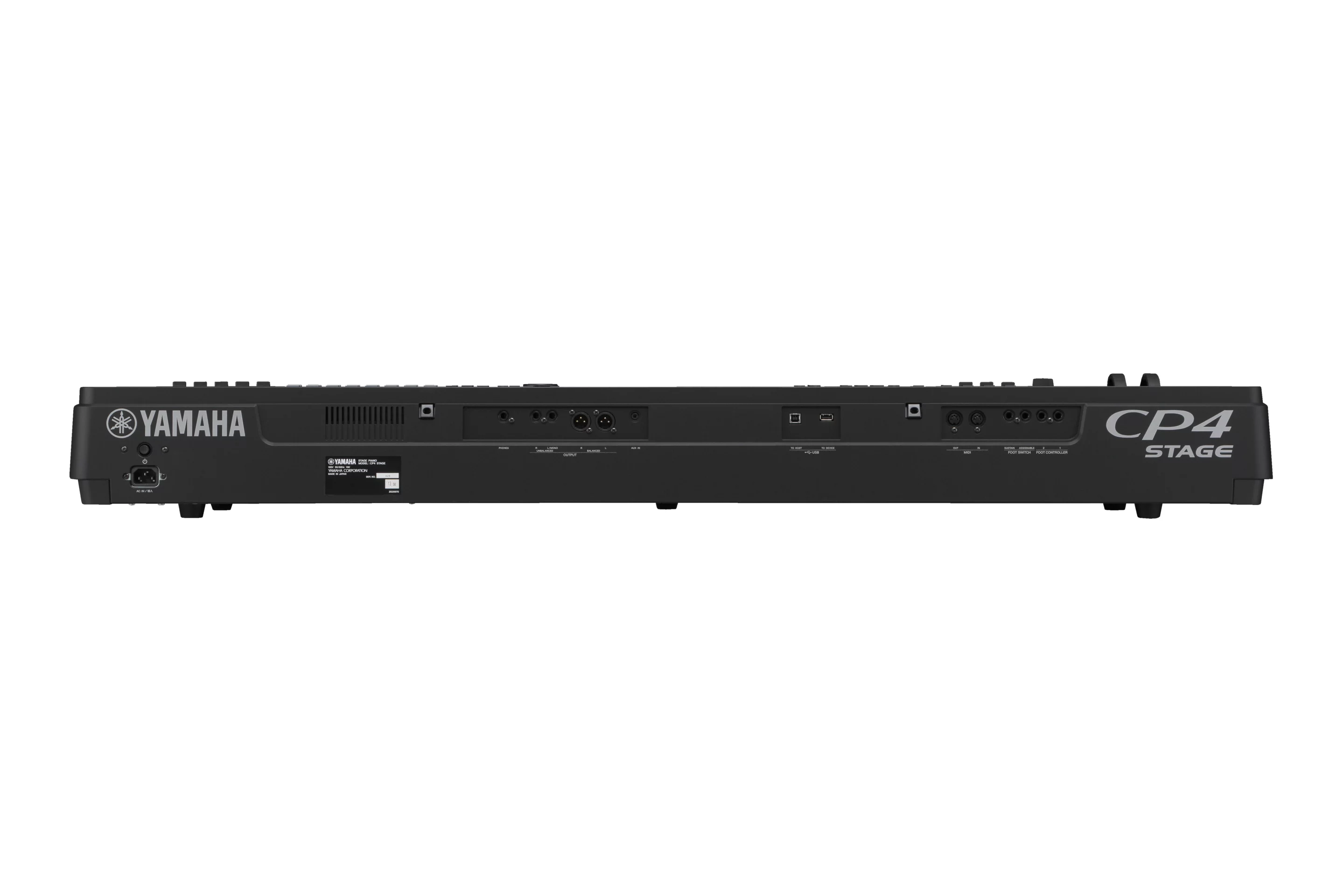 Connectivity options to the rear include unbalanced mono audio jack and balanced XLR outputs, foot controller inputs, MIDI in and out terminals, and USB ports