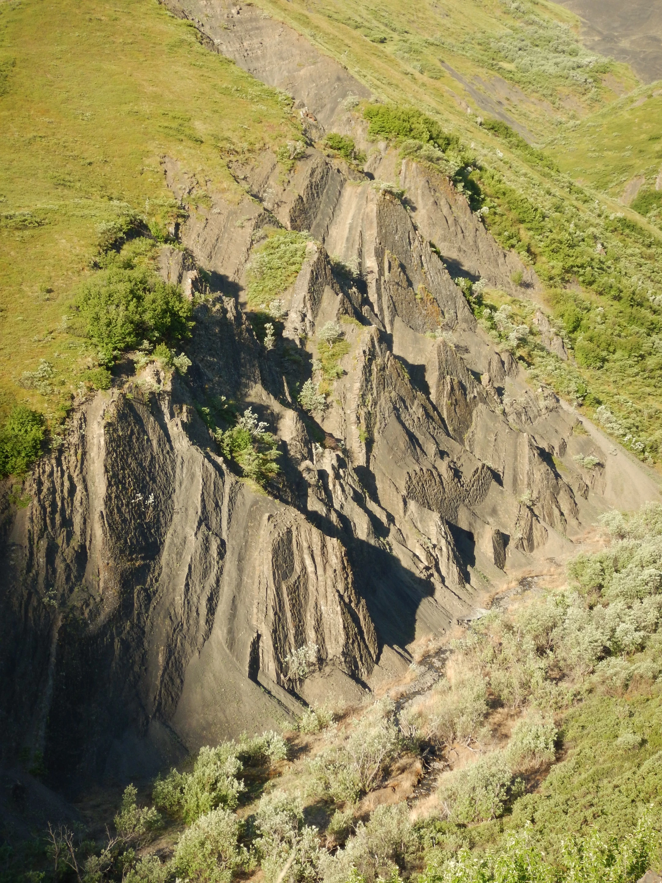 The Coliseum site from above. The once-horizontal rocks are now nearly vertical, exposing many hundreds of tracks on flatirons of resistant rock. The dimples on the rock faces are dinosaur tracks