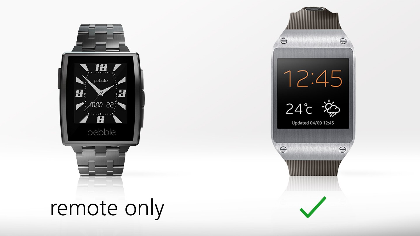 You can use your Galaxy Gear as a phone, while the Pebble is limited to acting as a call-rejection remote for your phone