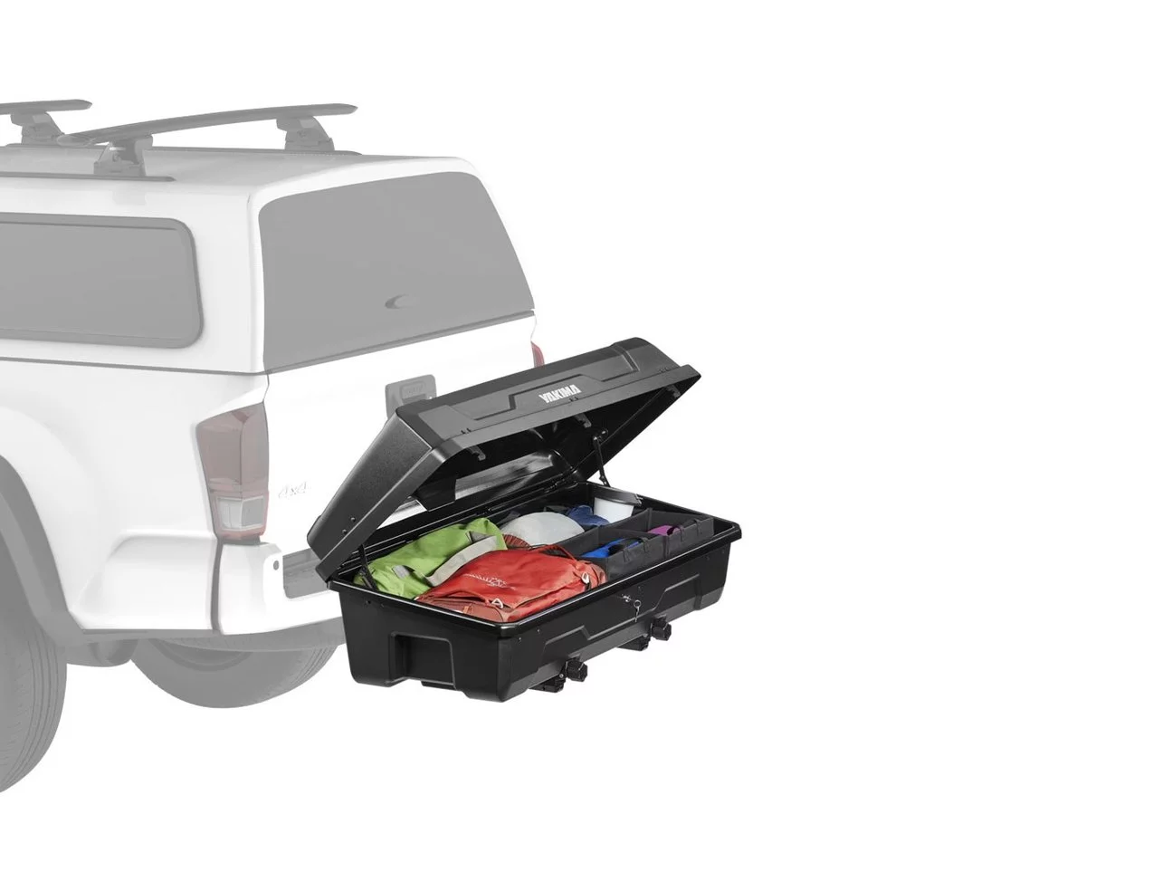 The Yakima EXO GearLocker takes on the role of a rooftop cargo box, only mounted to the hitch via the SwingBase