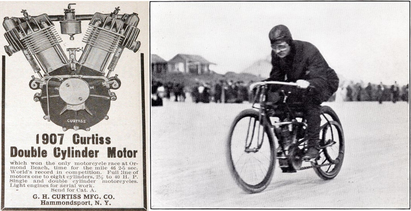 An advert for Glenn Curtiss' enterprizes 116 years ago, and a newspaper clipping of Curtiss on Ormond Beach, setting a world speed record for a motorcycle on this very same model.