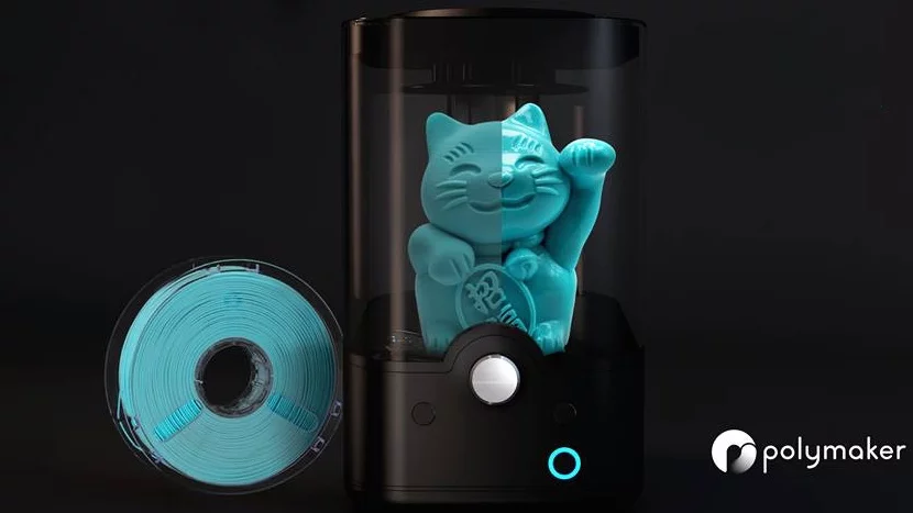 A spool of PolySmooth, and an item printed with it going through the Polysher