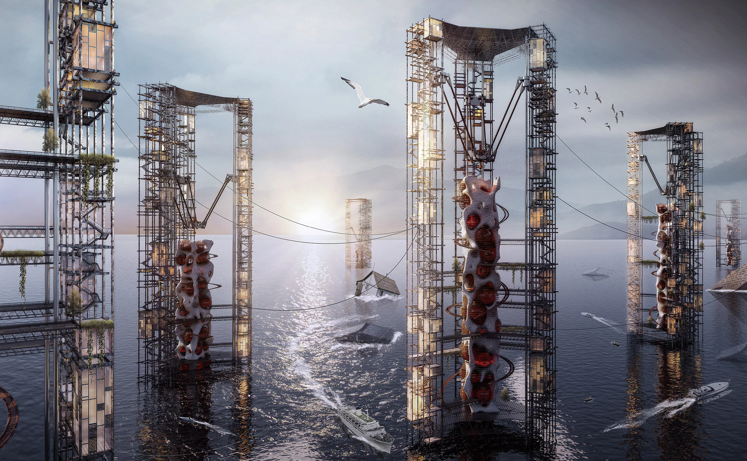 Land Printing Skyscraper was designed by China's Di Zhang, Enda Zhou, Qi Wang, Yu Wang, Ruobing Du and Hanwen Huang. It imagines 3D-printed sustainable skyscraper-based housing for the people of Fiji, who are expected by some to be badly affected by climate change