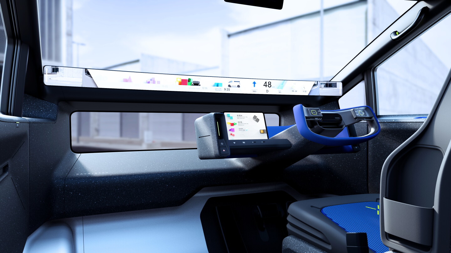 Toyota gives the Kayoibako concept a super-light cockpit with skeletal steering controls and an ultra-wide, slim digital display