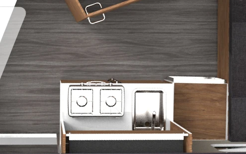 The simple kitchen area offers cooking and washing space