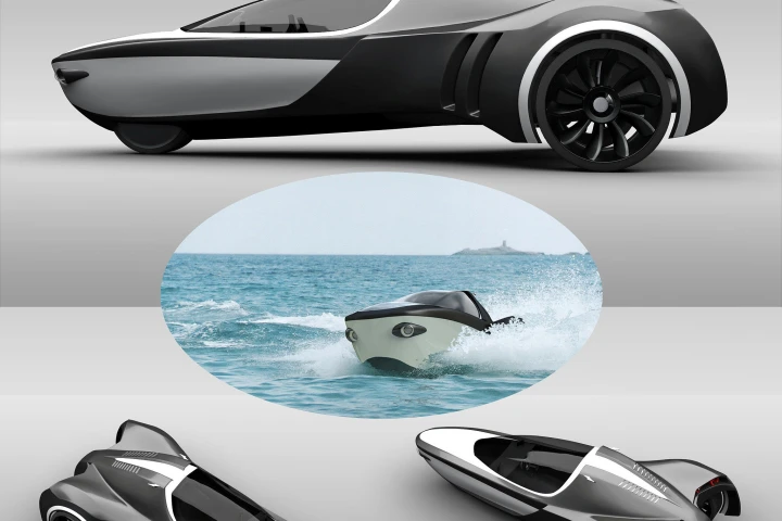 The Manta three-wheeler amphibious concept vehicle has an electric motor on each of the rear wheels, which can be rotated 90 degrees to provide propulsion in water