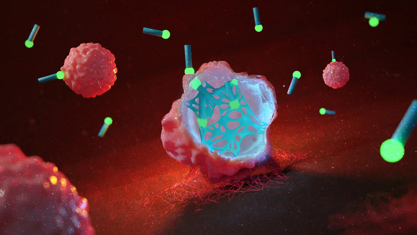 An artist's render of cancer cells with a "web" growing inside them