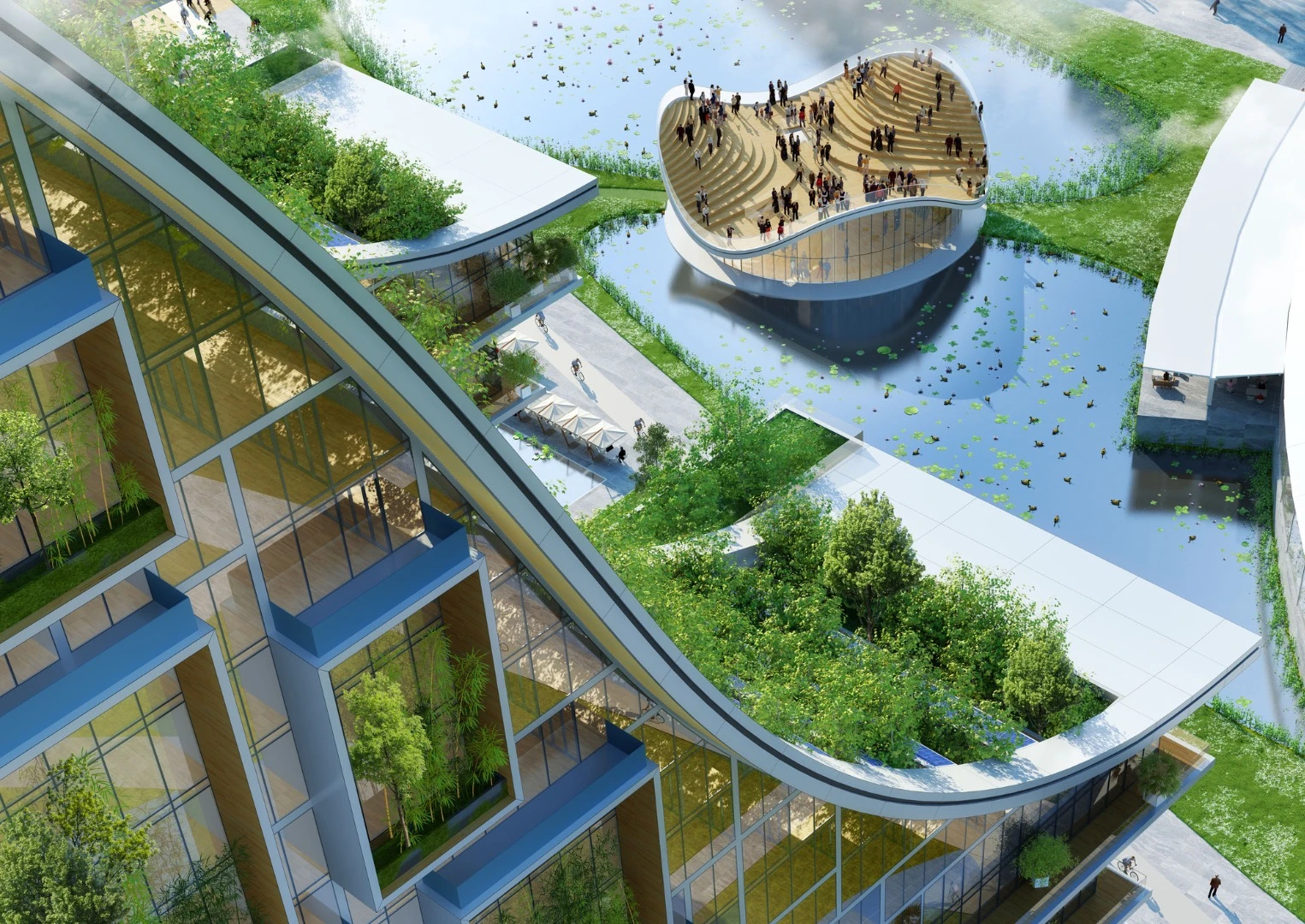 Tour & Taxis would feature three ski jump-shaped high-rises that would be topped by solar panels and covered in greenery