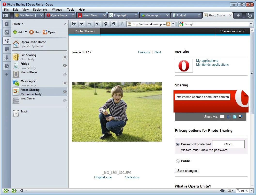 Photo sharing between browsers using the Unite content server