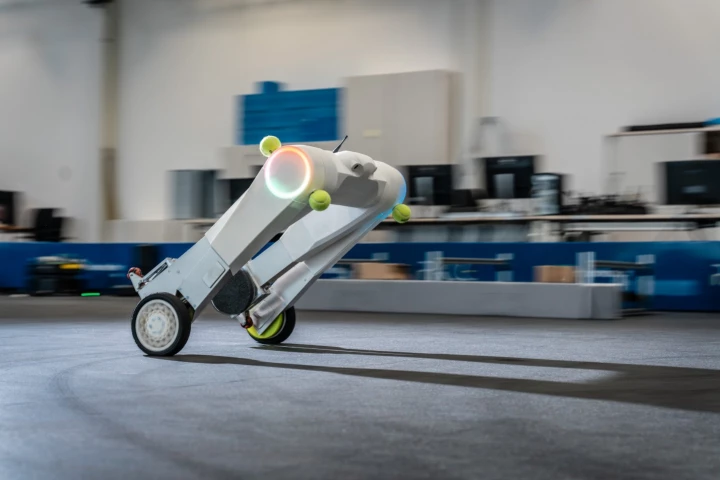 Pictured here in non-carrying mode, the evoBOT "leans into it" to hit a top speed of 10 meters (32.8 ft) per second