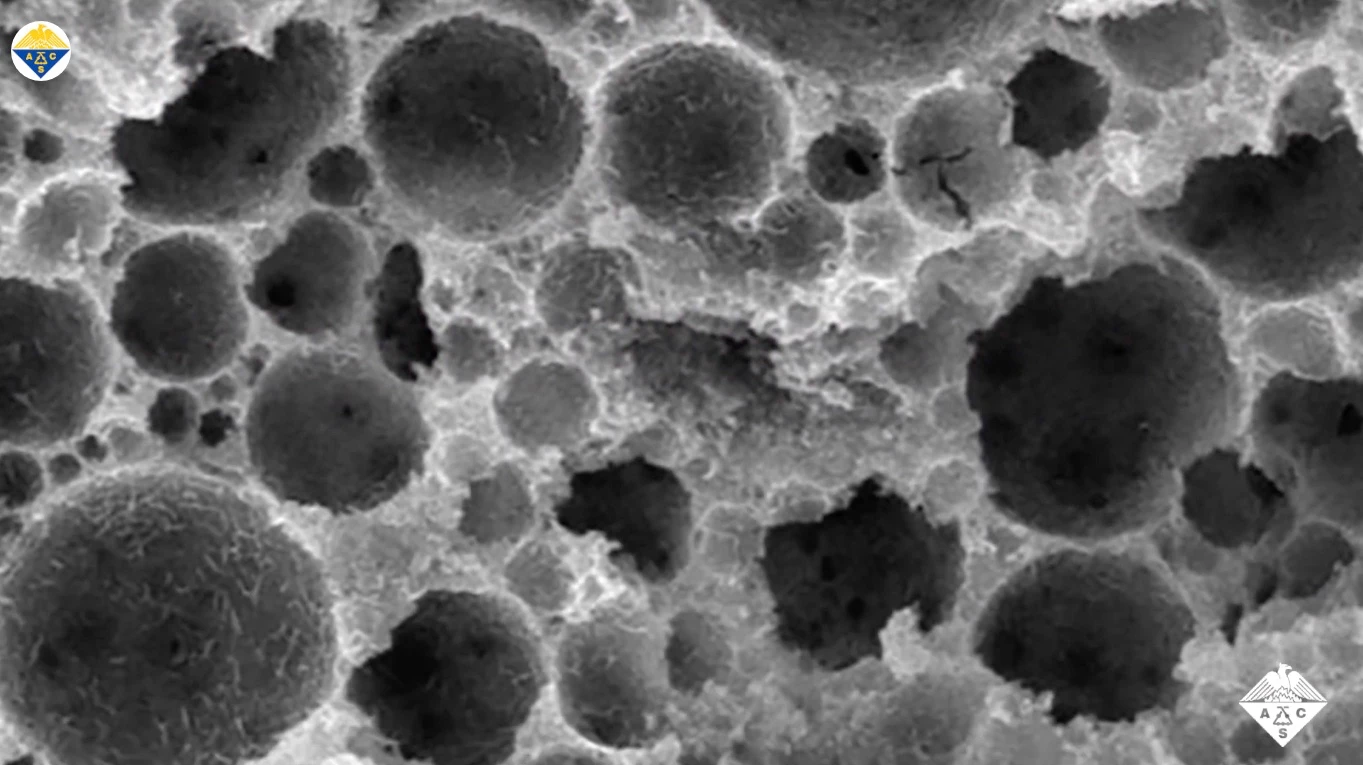 A microscope image of the PDMS-lined pores within the superhydrophobic concrete
