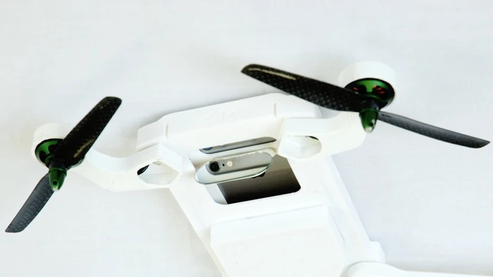 The PhoneDrone features a folding mirror that allows the phone's camera to shoot ahead, straight down, or anywhere in between