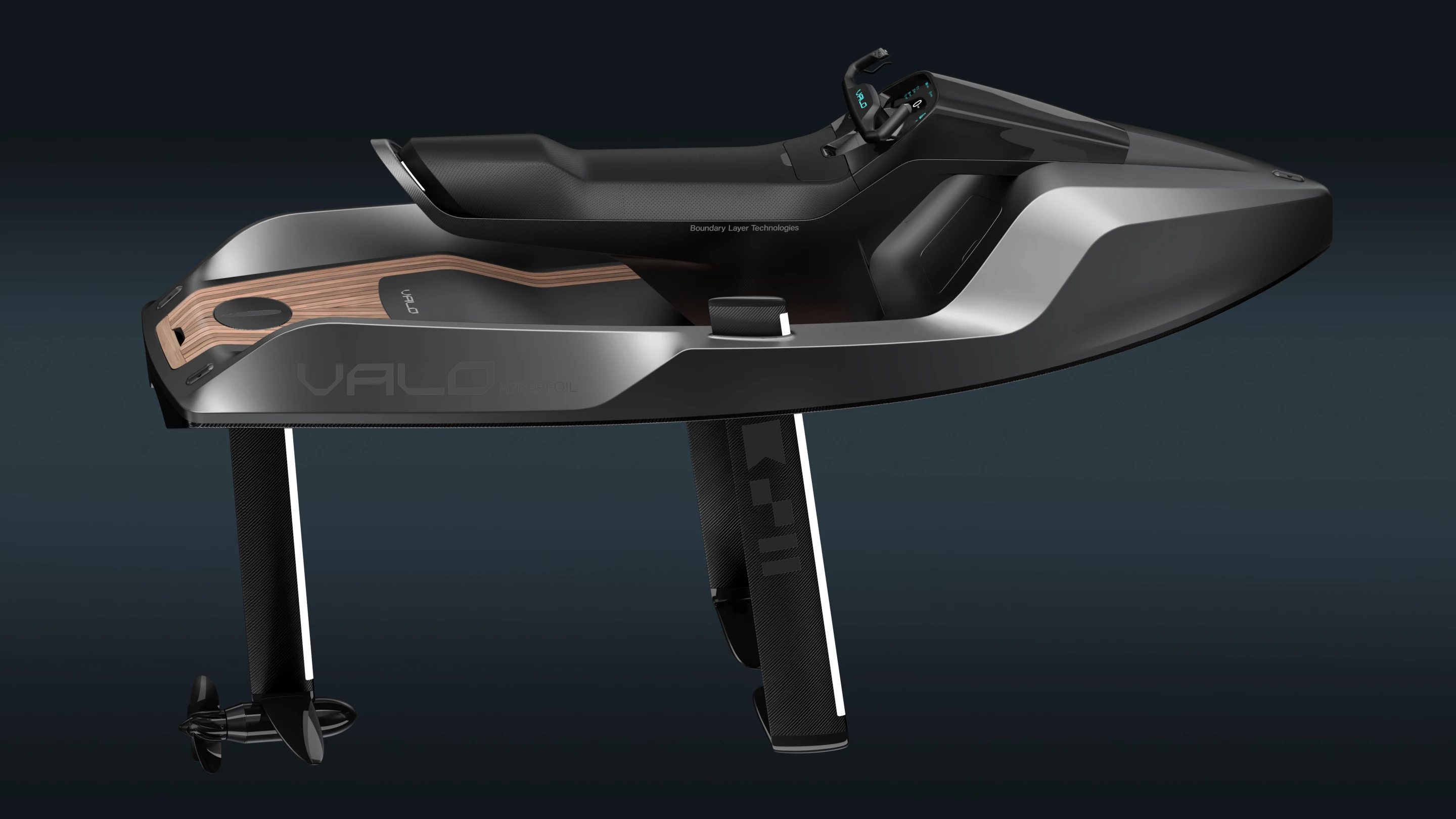 Extendable hydrofoils lower into the water once you're launched and out deep enough