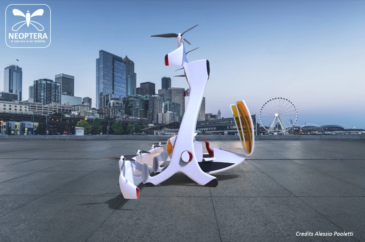 The Neoptera VTOL, in vertical take-off and landing mode