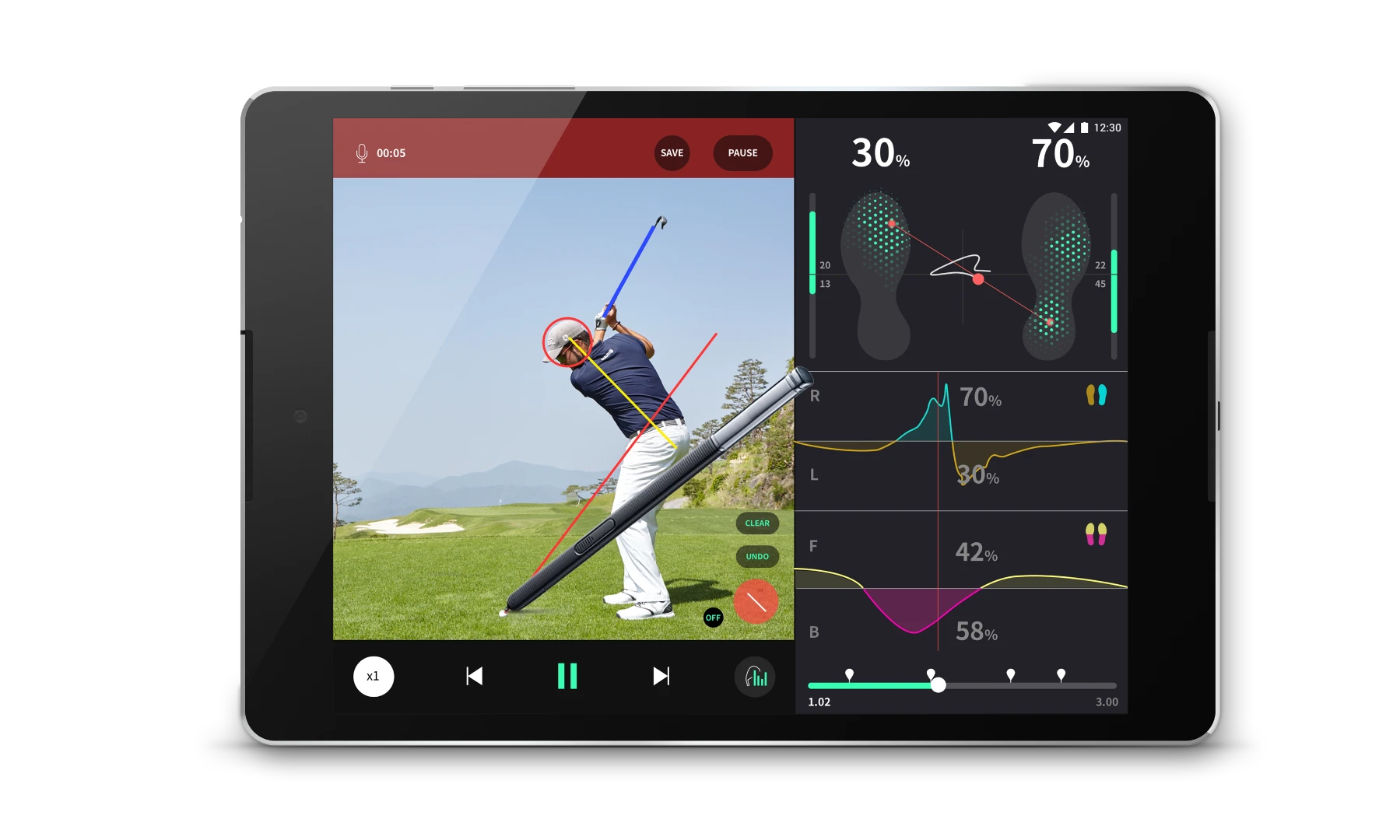 The application features coaching information and video overlay