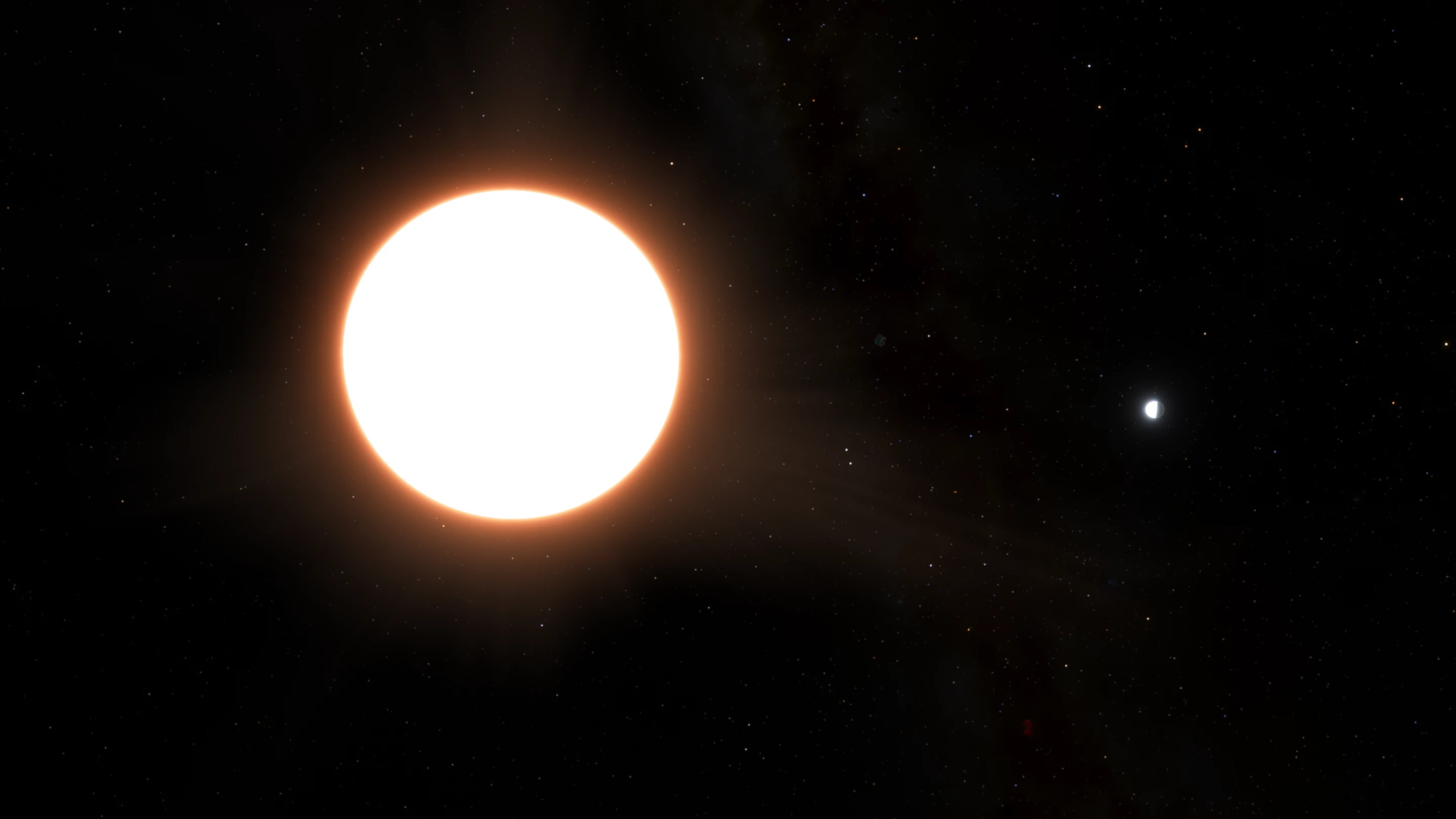 An artist's impression of extremely shiny exoplanet LTT9779 b (right) orbiting its host star
