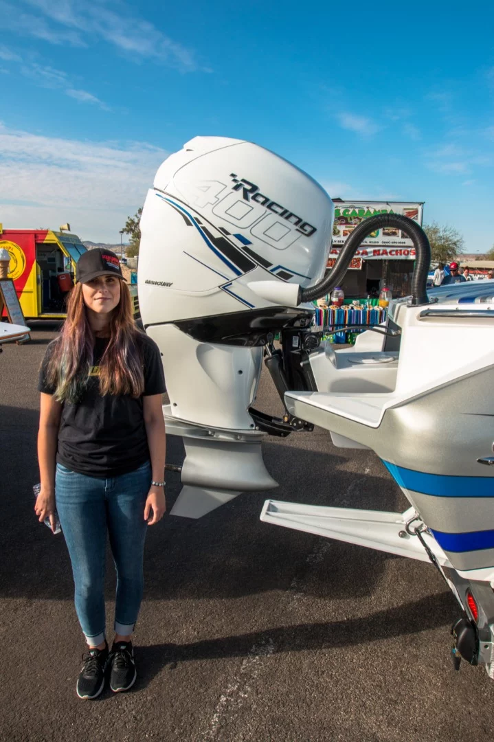 Nordic's 24SX O/B & I/O: 400-hp Merc outboard. Brianna for scale