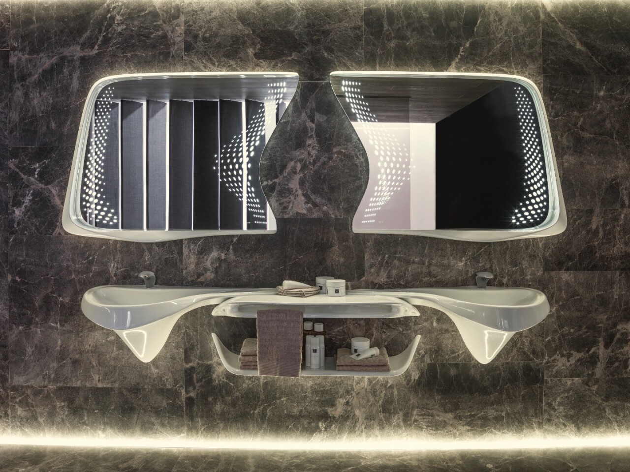 The mirror set is the most intricate piece, and includes LED lights, right and left basins, double vanity units, top shelf and towel rails