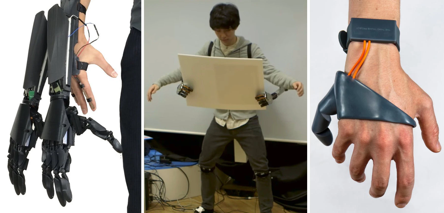 L to R: Youbionic Double Hand (Credit: Youbionic), MetaLimbs (Credit: Inami Laboratory), and the Third Thumb (Credit: Dani Clode Design)