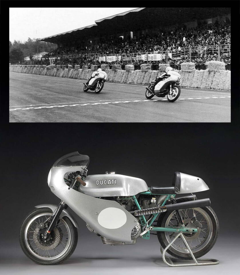 Top: Paul Smart leads Bruno Spaggiari over the line to give Ducati its famous 1-2 finish in the Imola 200 on 23 April 1972. It was the race that began the Ducati V-twin racing dynasty. Below: the bike that Spaggiari rode to second place in the 1972 Imola 200 1-2 finish was sold at a Chicago auction by Sotheby's on 15 September 2001 for $121,250. It went to auction again at Bonhams Staffordshire Autumn Sale on 19 October 2008 where it was estimated to sell for between GBP£250,000 and GBP£300,000 (USD$430,000 and $515,000) but failed to meet reserve and was passed in. 15 years hence, it would sell for more than a million because of Ducati's dominance of global racing - this was the victory that started it all.