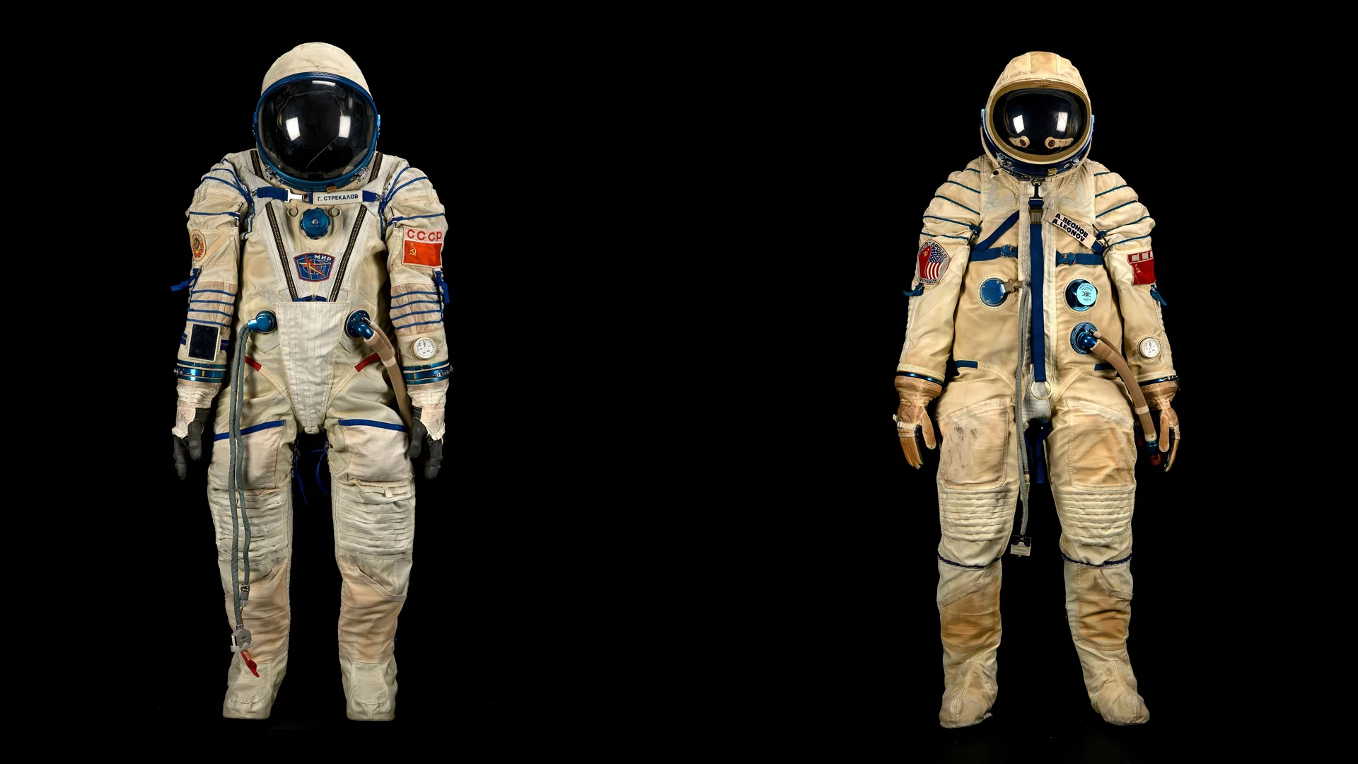 The spacesuits of Gennadi Strekalev (left) and Alexei Leonov (right)