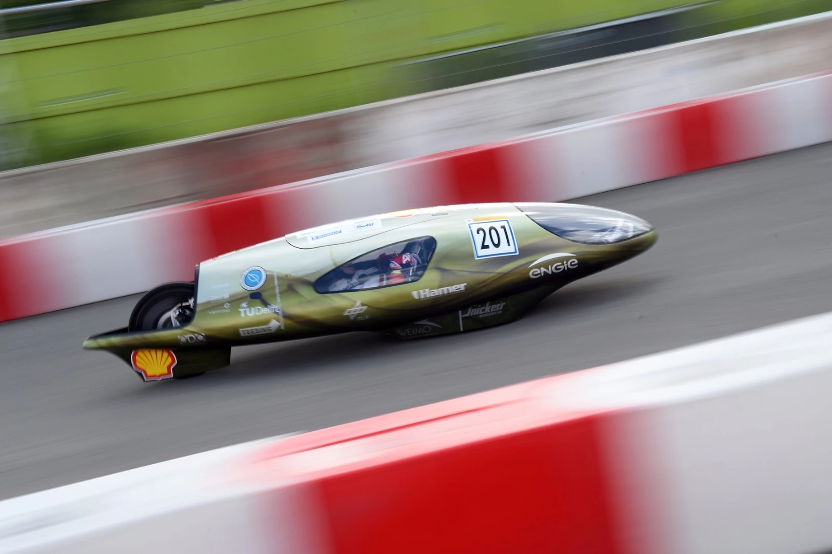 The Ecorunner VI, a hydrogen prototype racing for team Eco-Runner Team Delft from Delft University Of Technology, Delft, Netherlands, seen on the track during Make the Future London 2016