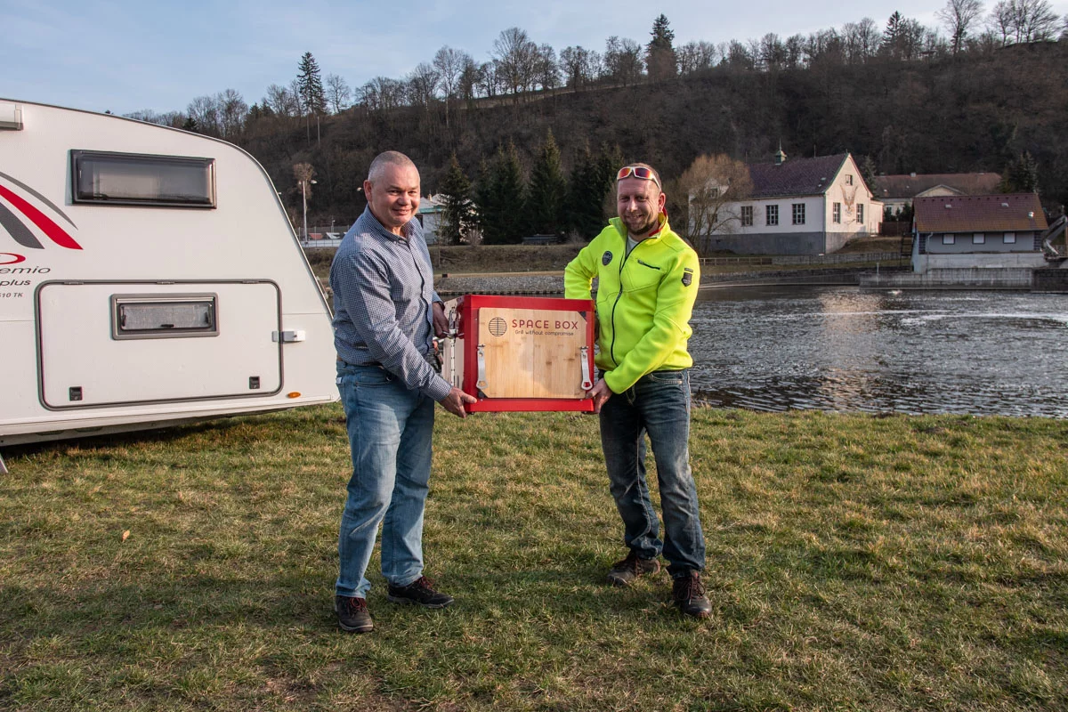 Inventors Jan Kozak and Petr Horeni with the Space Box, all packed down