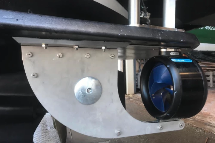 The BlueSpin stationary sail drive attaches to the hull underbody; this one includes the traditional propeller design, not the new Whale version