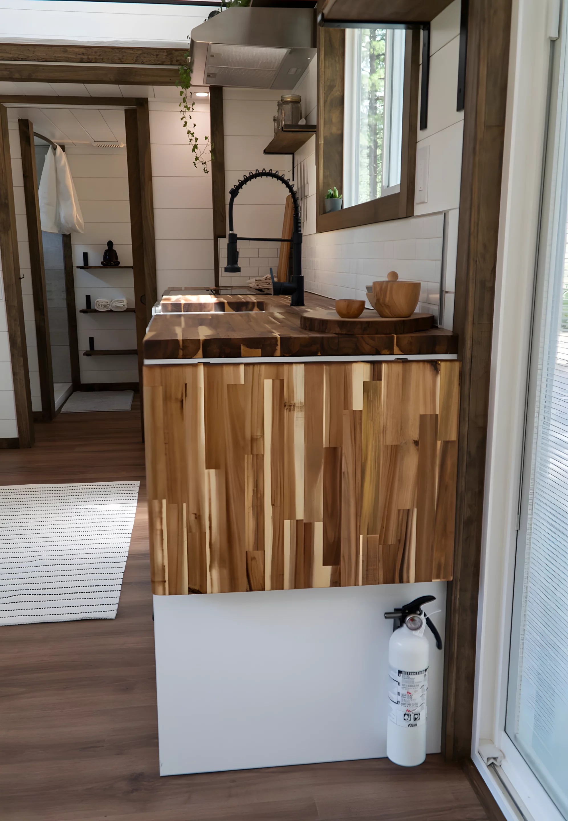 The Olympic's kitchen counter can be extended with a drop-down section to create a dining area