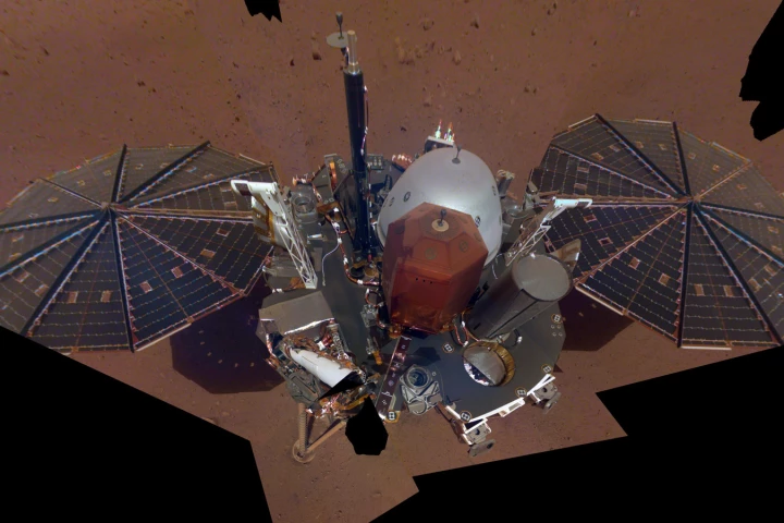 NASA InSight's first full-body selfie on Mars shows the lander's top deck, sensor packages, and solar panels