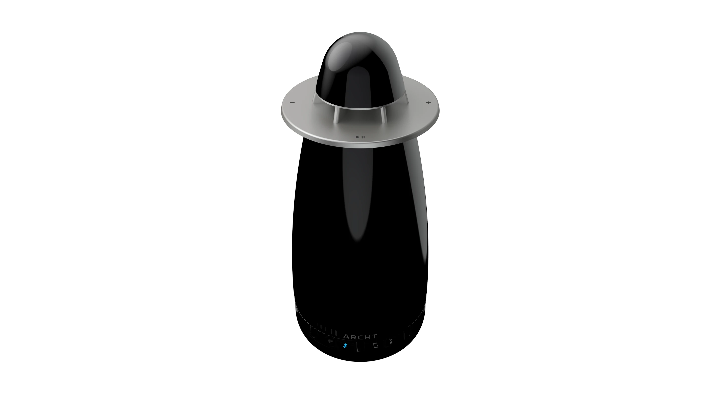 Wireless playback from a laptop, tablet or smartphone can be controlled using the capacitive touch controls on the upper ring