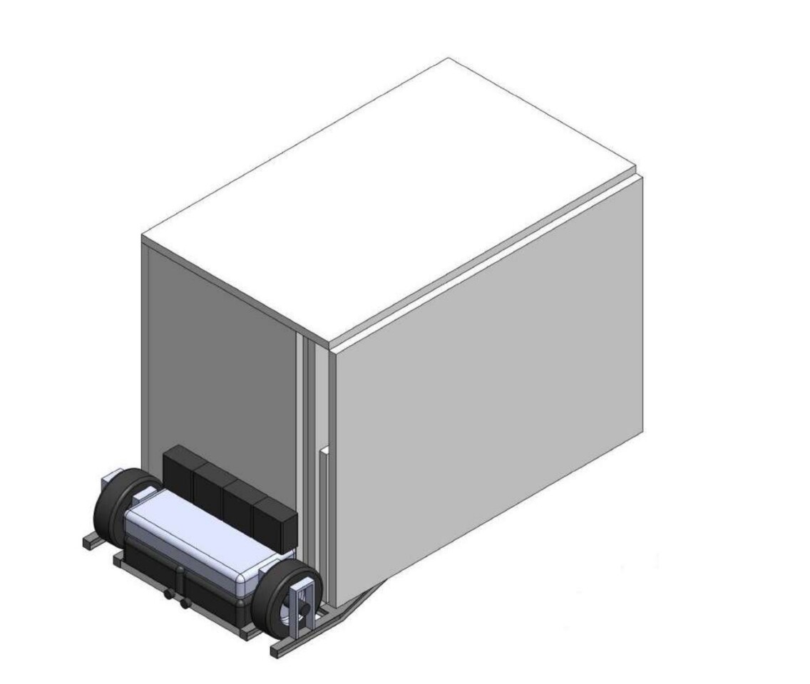 A rendering of the Boxabl Baby Box before being unfolded, and the adjustable rear axle height in its lowest setting