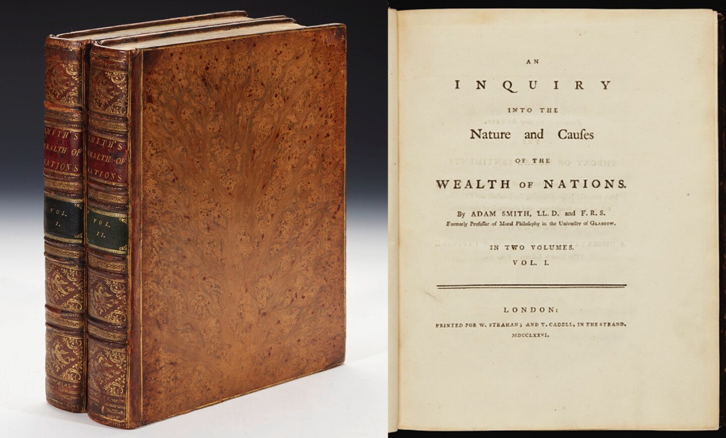 An unlikely best-seller in its time, first edition copies of The Wealth of Nations such as this reach auction most years and generally sell in the $100,000 to $200,000 range, with the dedication copy fetching $307,878 (GBP 182,500) at a Christies auction in May, 2014. This copy sold for $152,546 (GBP £118,750) at Sothebys on July 11, 2017