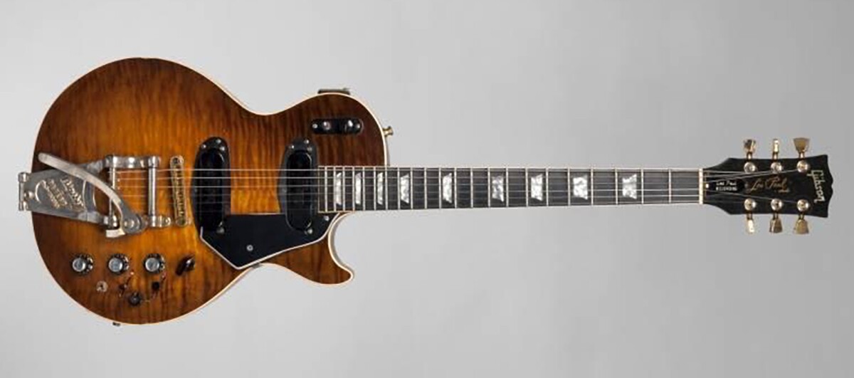 The prototype 1969/70 Gibson Les Paul Recording model with the repaired headstock stamped "001" and "Original Gibson Prototype." The Bigsby has been customized to accommodate a "Paulverizer" which was included in the sale. This is likely the first Les Paul recording model ever made. This guitar, and Paulverizer are featured on pages 291 and 293 of Les Paul's autobiography. It sold for $187,500 at a Juliens auction on 8 June, 2012