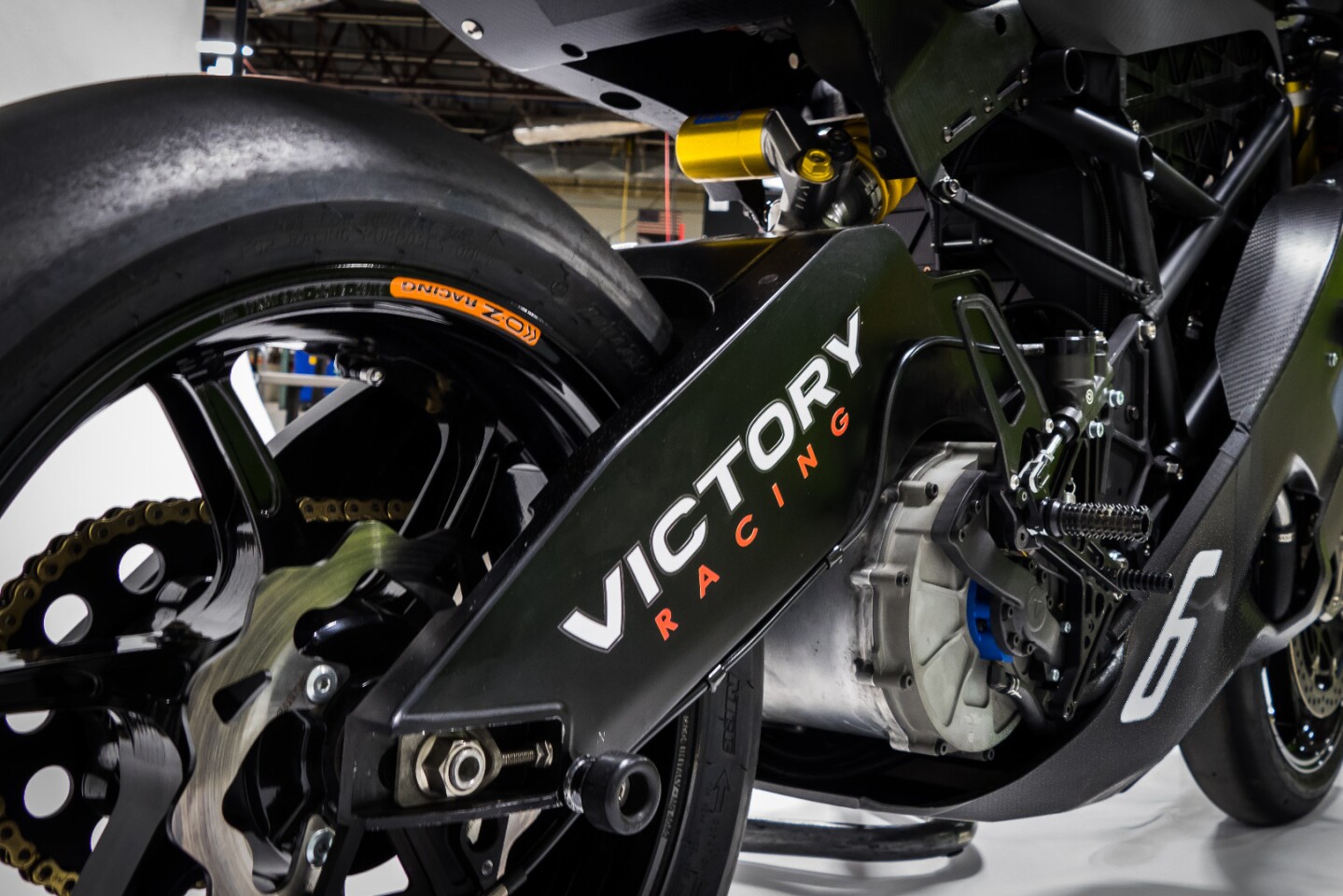 Brammo's original swing arm is coupled with a new steel frame and an Ohlins TTX 36 shock absorber on the Victory RR